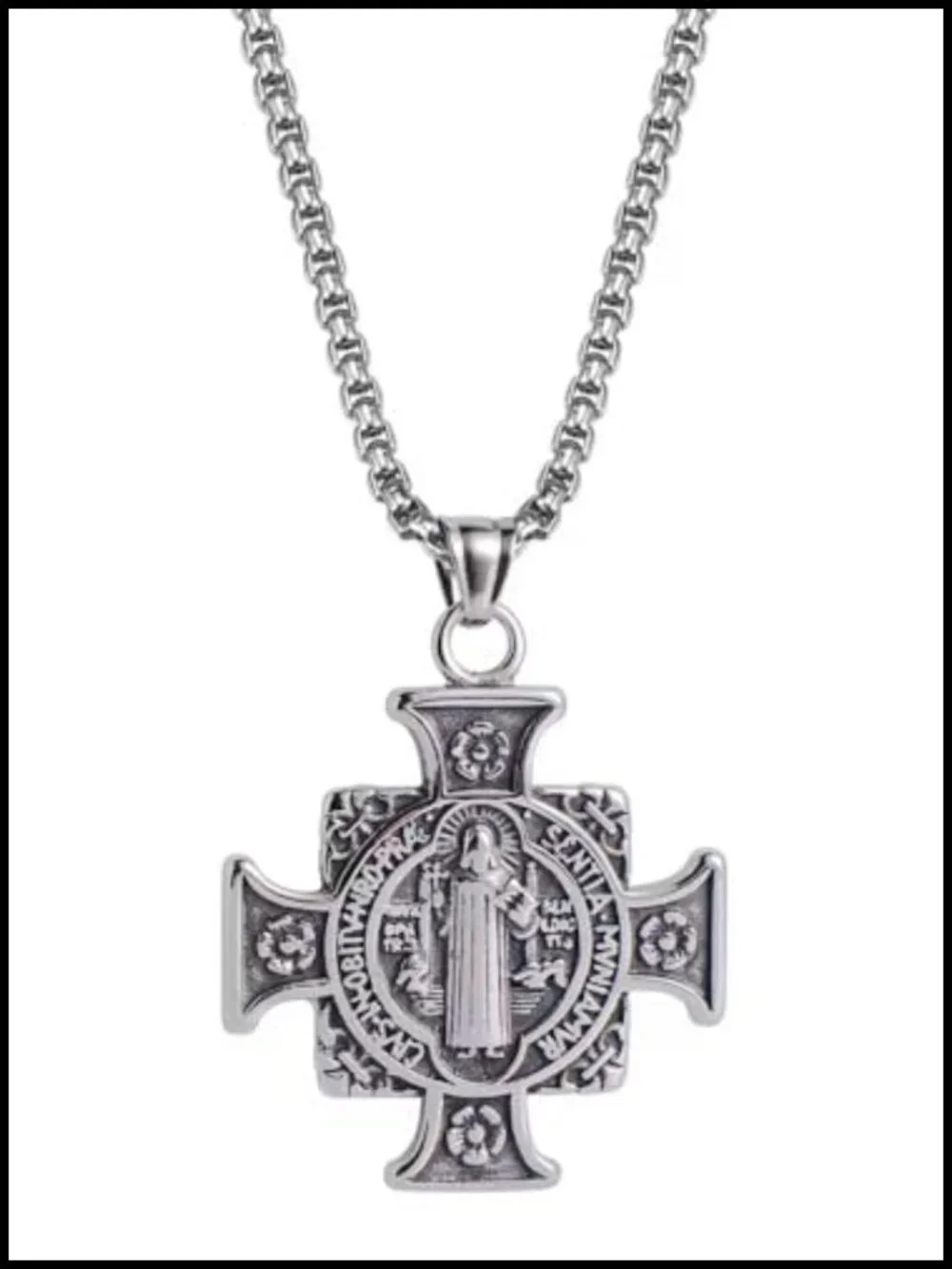 St. Benedict Cross Necklace Stainless Steel Religious Medal Pendant Protection